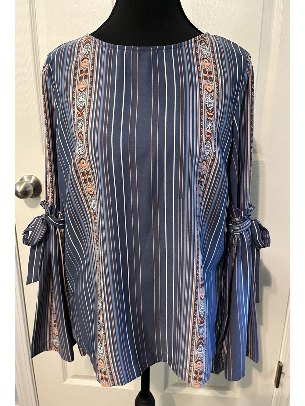 LC Lauren Conrad Womens S Blue Striped Boho Tie Sleeve Blouse Top Flared Sleeve